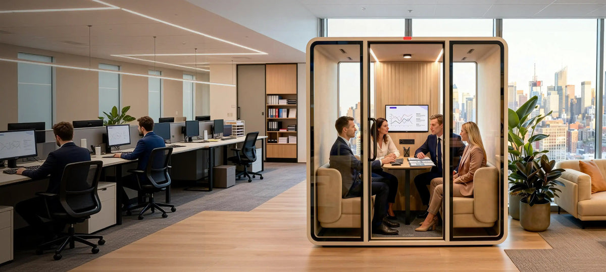 Team meeting inside a SoundBox VRT meeting pod in an open-plan office - Chair Dinkum Australia - Chair Dinkum