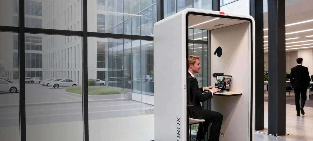 Man on a video call inside a SoundBox VRT booth by an office window - Chair Dinkum Australia
