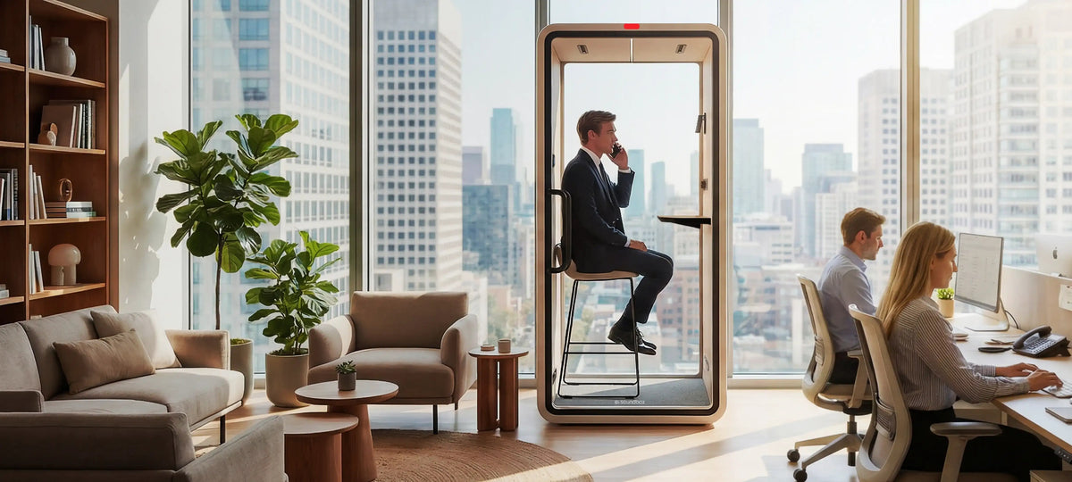 Man on a phone call in a SoundBox VRT booth in a lounge-style office - Chair Dinkum Australia - Chair Dinkum