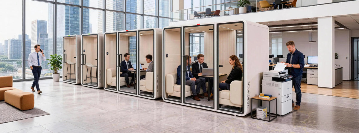 A row of SoundBox VRT pods along an open-plan office - Chair Dinkum Australia - Chair Dinkum
