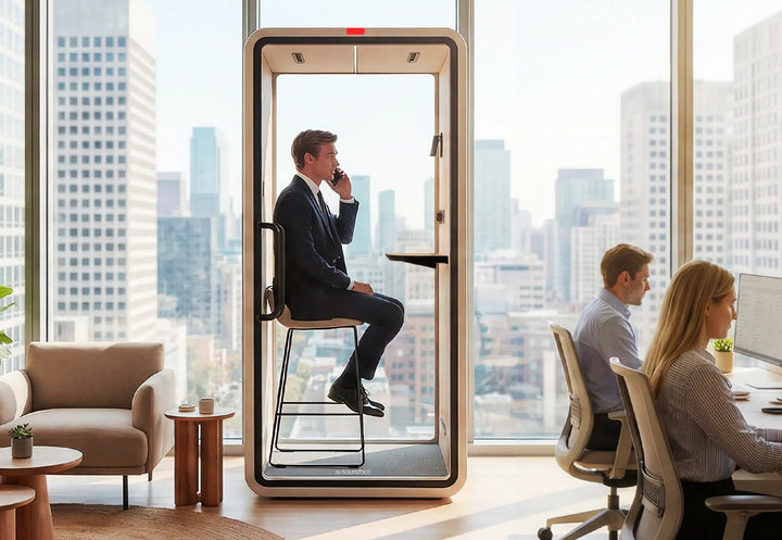 Man on a call inside a SoundBox VRT S booth beside a city window while colleagues work outside - Chair Dinkum Australia