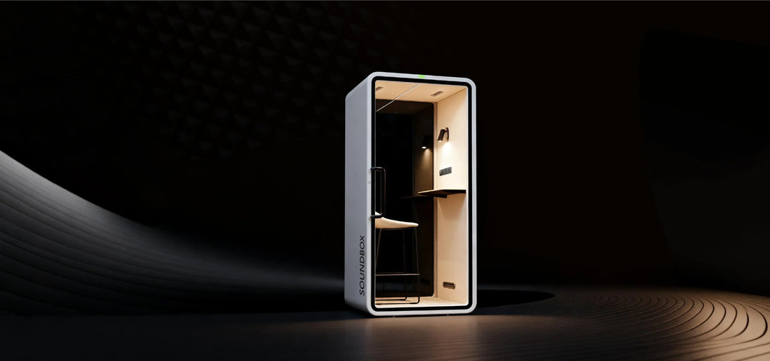 SoundBox VRT S phone booth lit in a dark studio - Chair Dinkum Australia