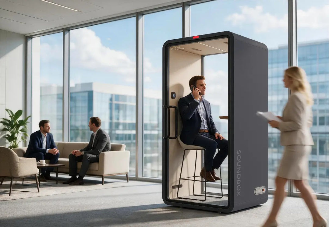 Man taking a phone call on a stool inside a charcoal SoundBox VRT S booth in an office - Chair Dinkum Australia