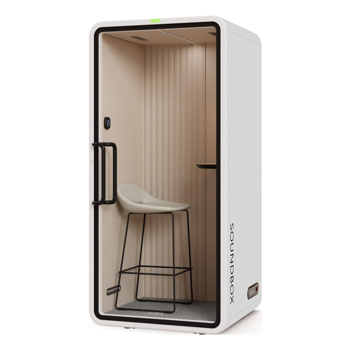 SoundBox VRT S phone booth in Frost White with a solid back (VRT+) - Chair Dinkum Australia