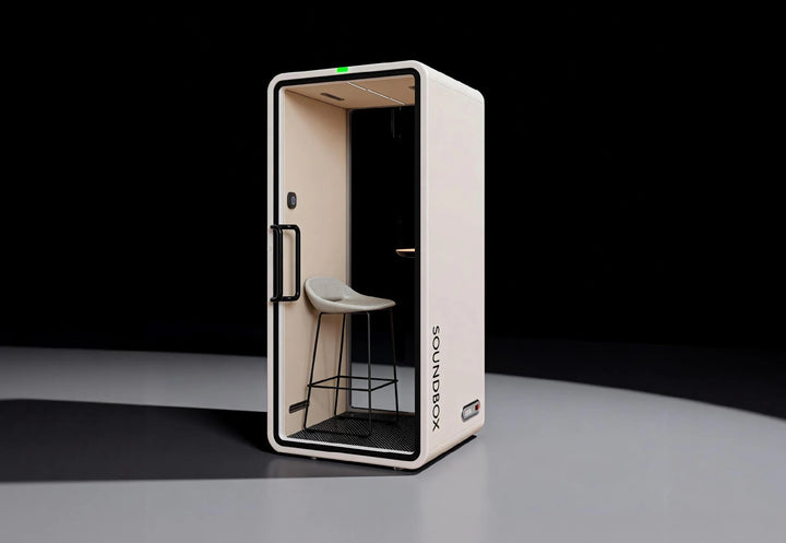 SoundBox VRT S phone booth in Pale Grey, three-quarter view in a studio - Chair Dinkum Australia