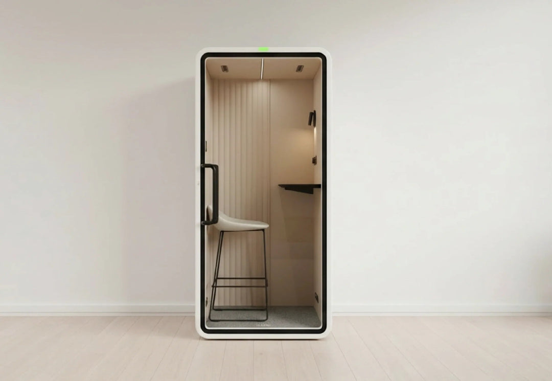 SoundBox VRT S phone booth with a stool and fold-down desk, front view in a bright room - Chair Dinkum Australia