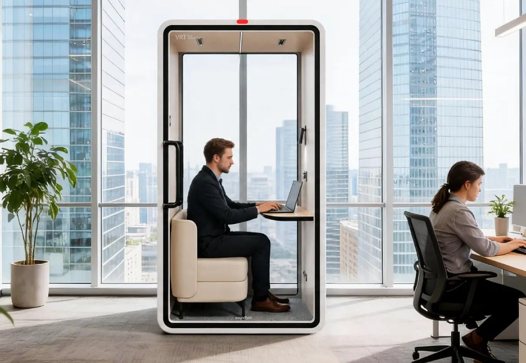 Man working on a laptop in the lounge seat of a SoundBox VRT SM pod by a city window - Chair Dinkum Australia