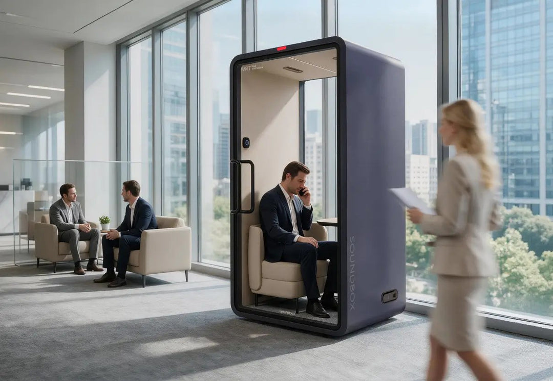 Man on a call in the lounge seat of a charcoal SoundBox VRT SM pod in an office - Chair Dinkum Australia