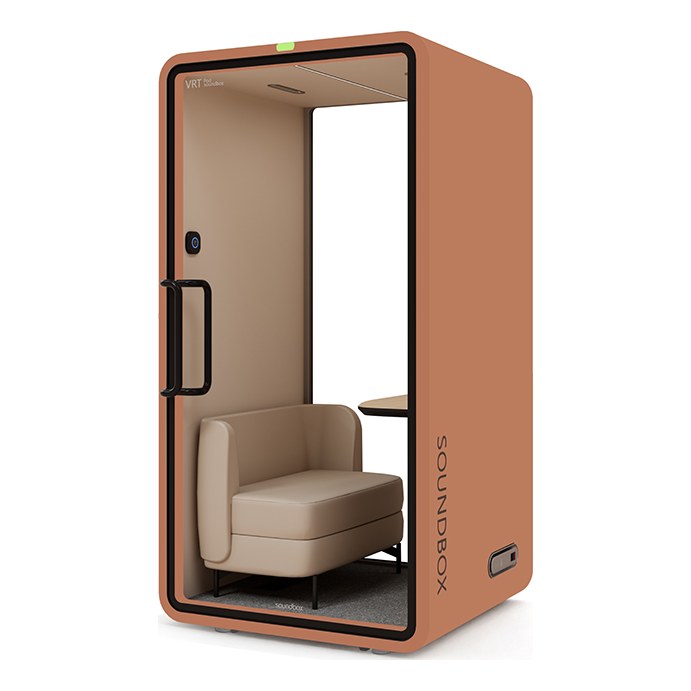 SoundBox VRT SM office pod in Dynamic Orange with a glass back (VRT) - Chair Dinkum Australia