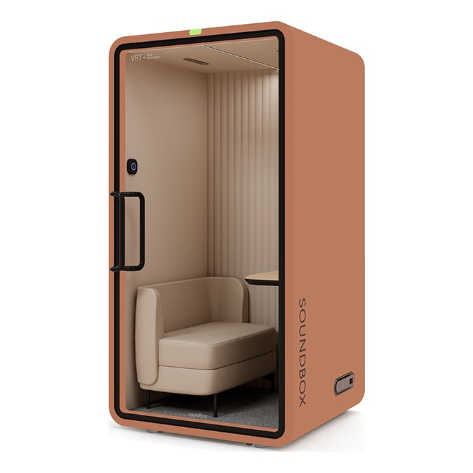 SoundBox VRT SM office pod in Dynamic Orange with a solid back (VRT+) - Chair Dinkum Australia
