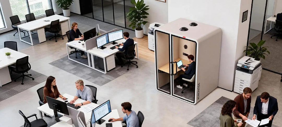 Overhead view of a SoundBox VRT pod in an open-plan office, with a person working inside - Chair Dinkum Australia