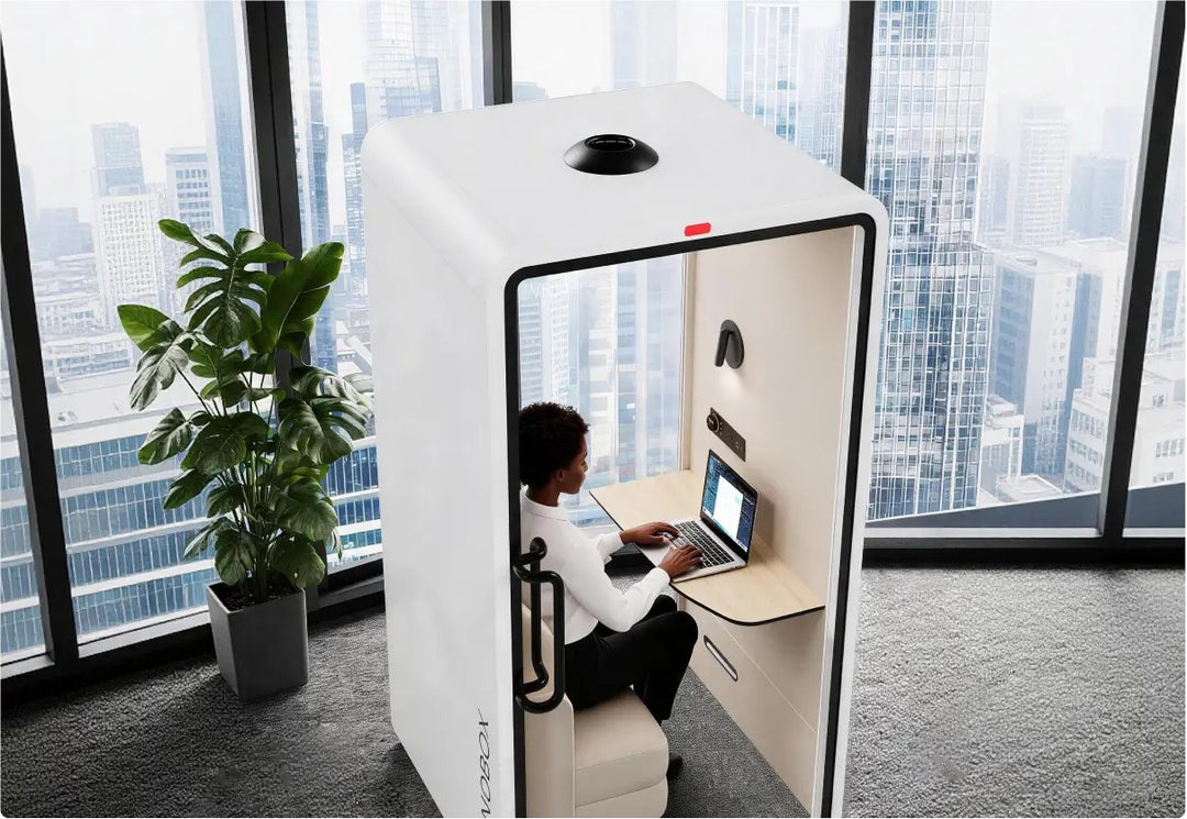 Overhead view of a person working inside a SoundBox VRT SM pod - Chair Dinkum Australia