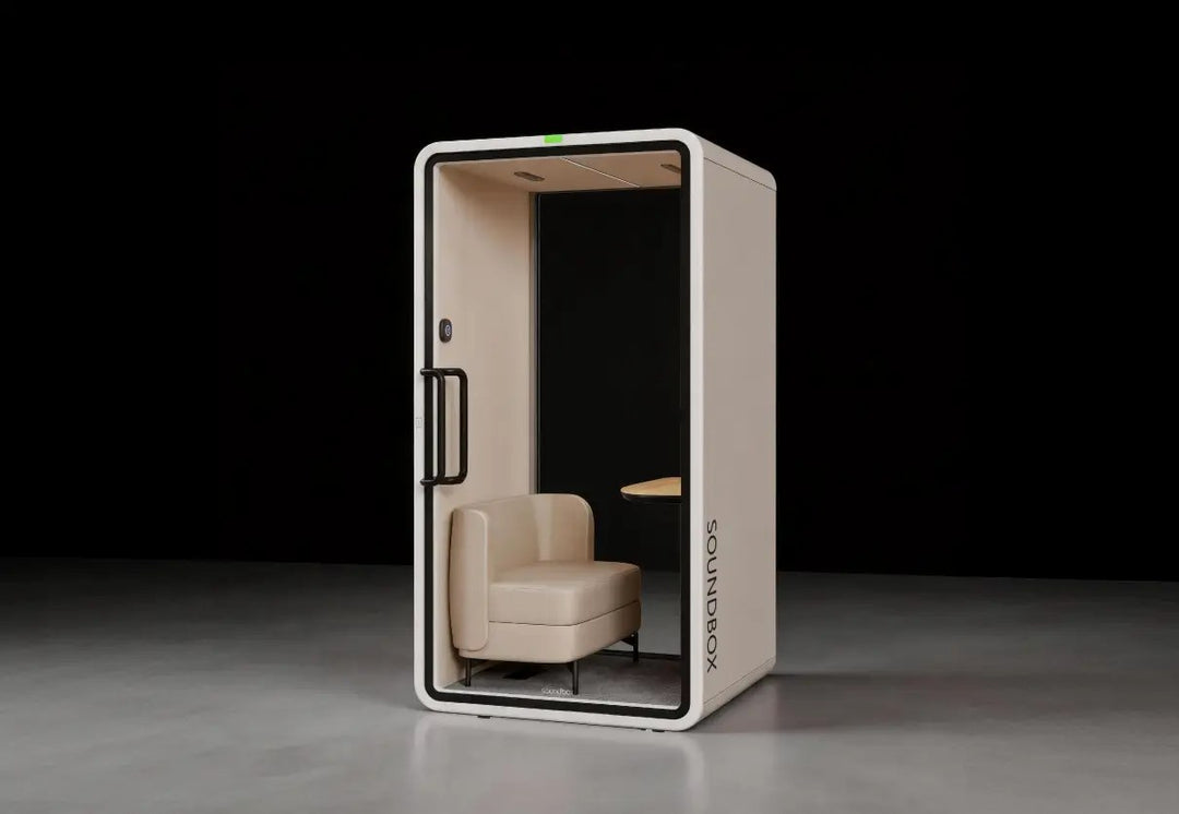 SoundBox VRT SM office pod with its lounge seat, three-quarter view in a studio - Chair Dinkum Australia