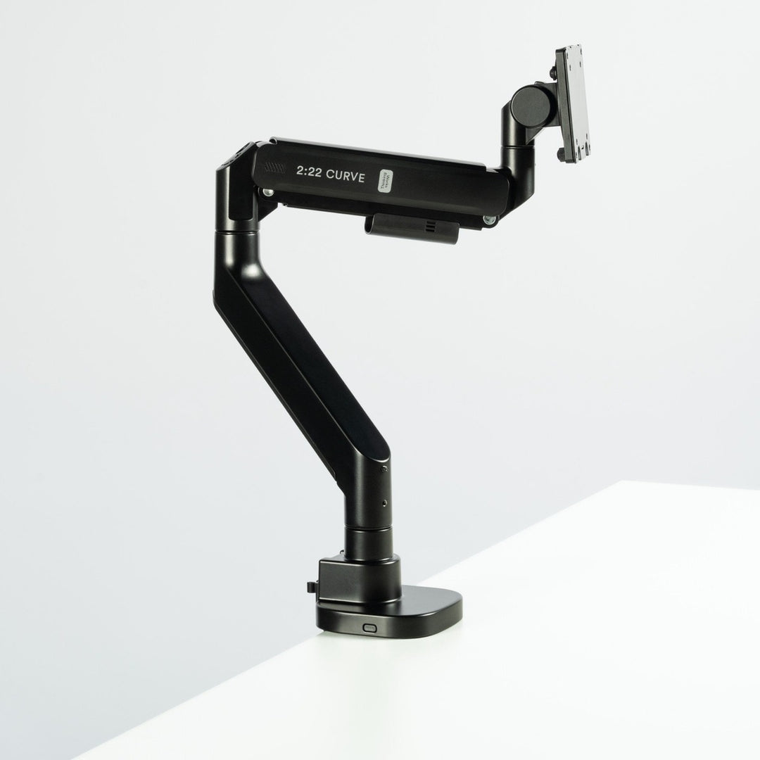 Thinking Works 2:22 Curve monitor arm in black holding a single curved screen, front three-quarter view (Thinking Works render)