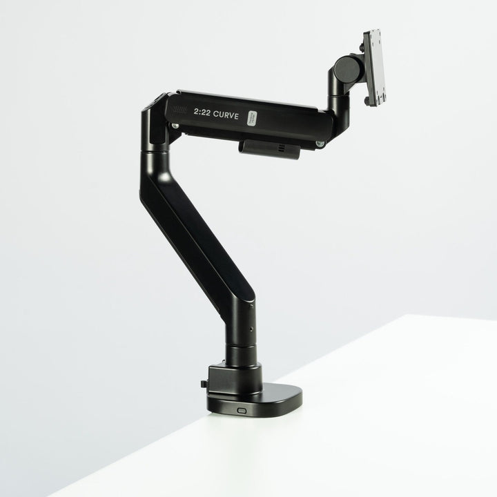 Thinking Works 2:22 Curve monitor arm in black holding a single curved screen, front three-quarter view (Thinking Works render)