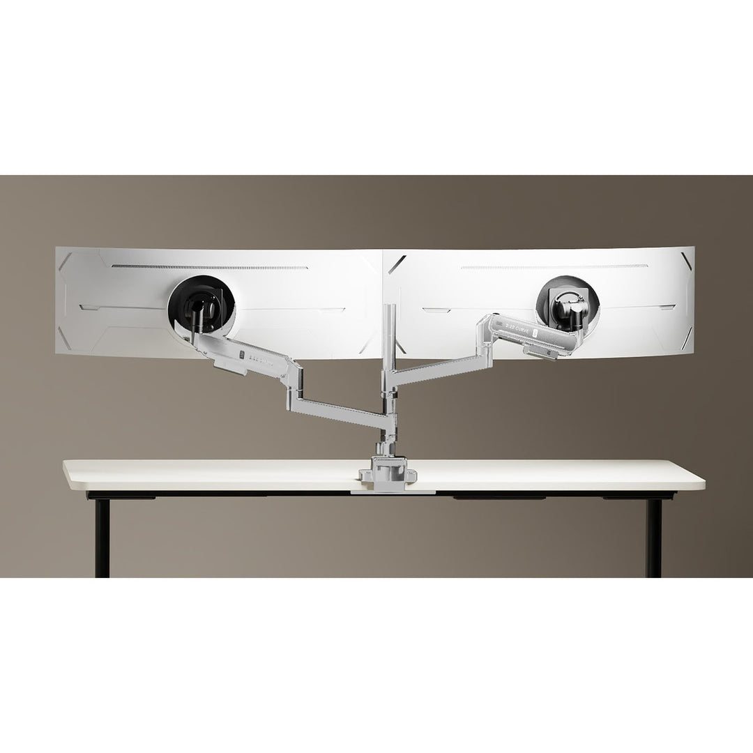 Two Thinking Works 2:22 Curve monitor arms in white on a shared desk pole, each holding a curved screen side by side above a white height-adjustable desk