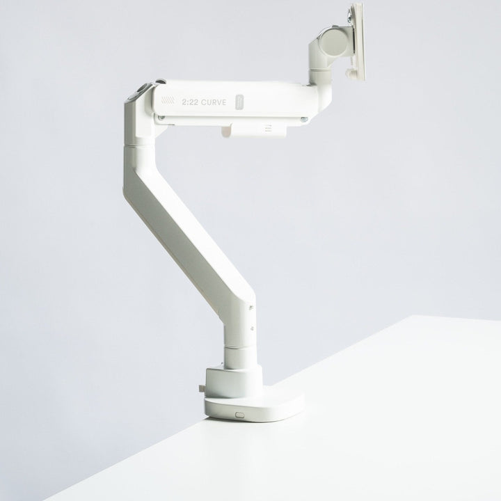 Thinking Works 2:22 Curve monitor arm in white holding a single curved screen, front three-quarter view (Thinking Works render)