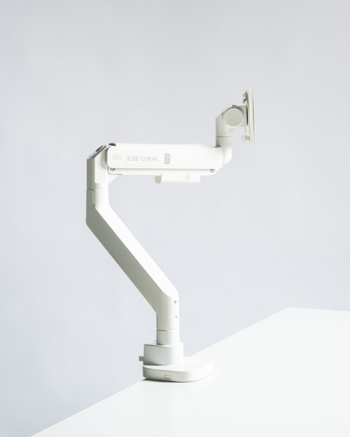 Thinking Works 2:22 Curve monitor arm in white holding a single curved screen, front three-quarter view (Thinking Works render)