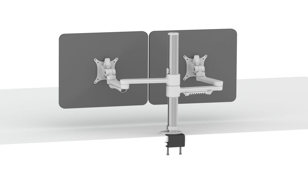 Thinking Works C.ME silver post with a black desk clamp and two white arms holding two dark grey screens side by side, seen from behind.