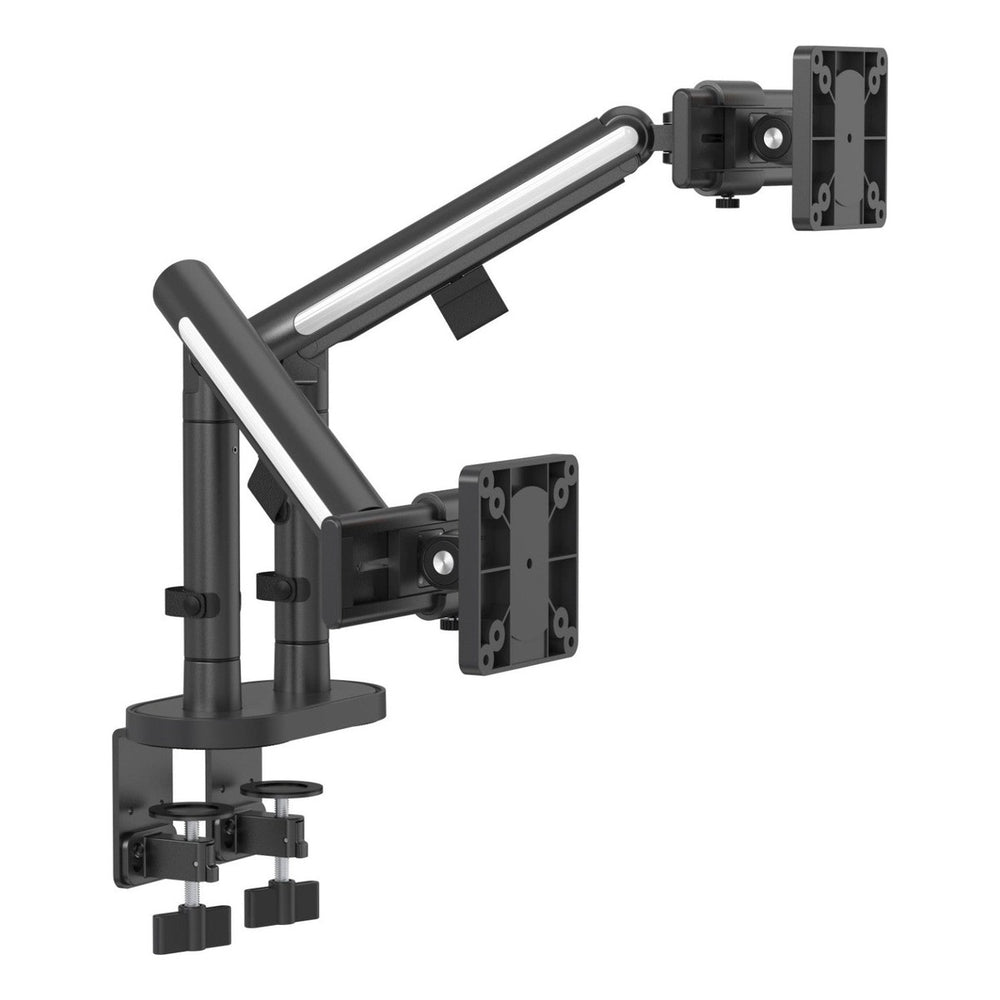 Thinking Works Glider double monitor arm, two Noir Black arms on one clamp, angled view, white background