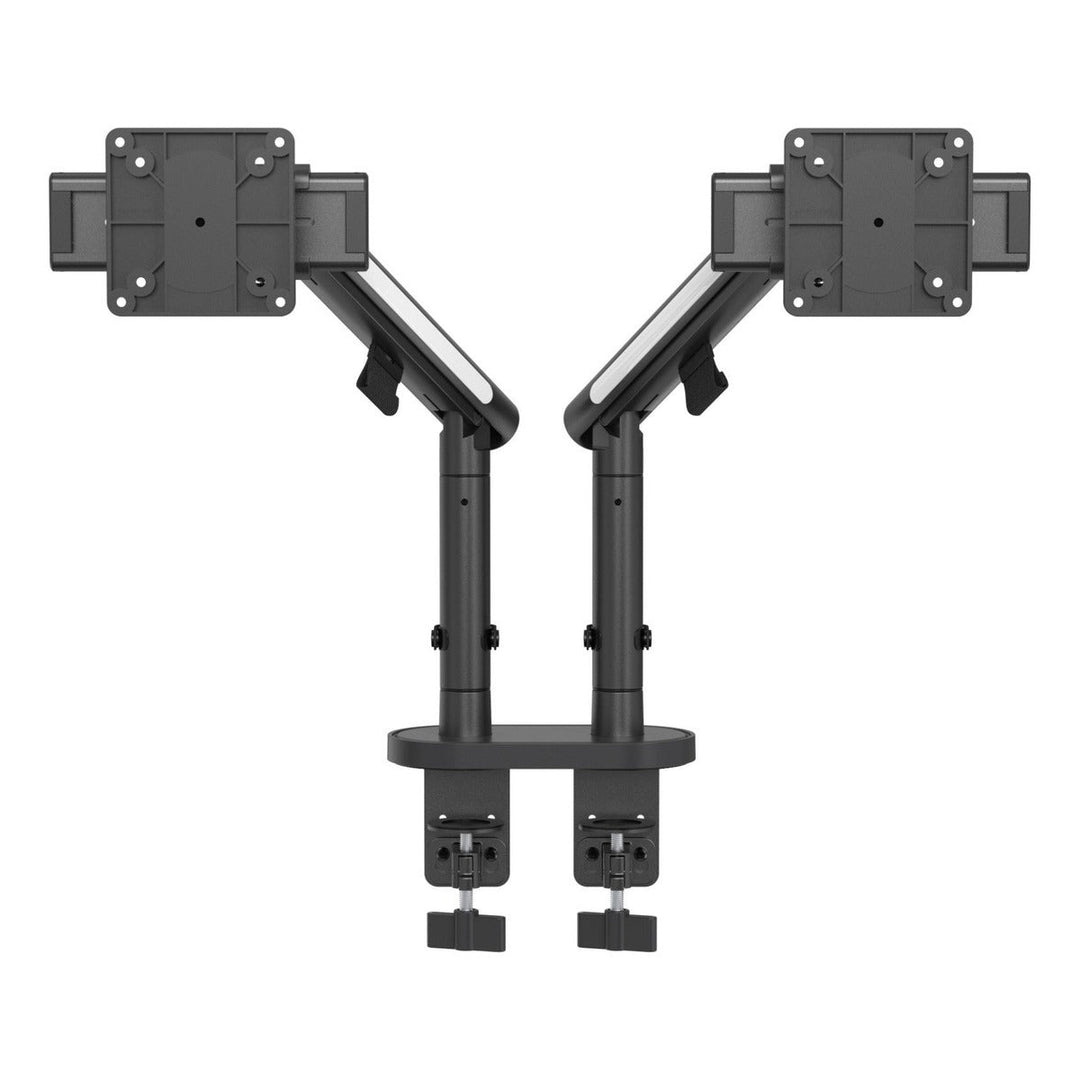 Thinking Works Glider double monitor arm, two satin black arms with VESA plates on one clamp, front view, white background