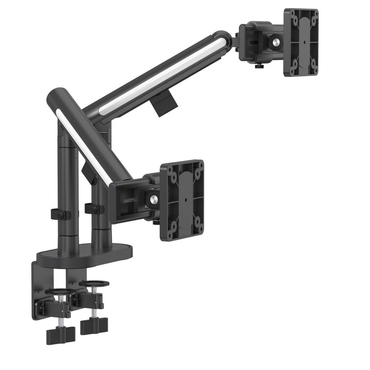 Thinking Works Glider double monitor arm, two satin black arms on one clamp, angled view, white background
