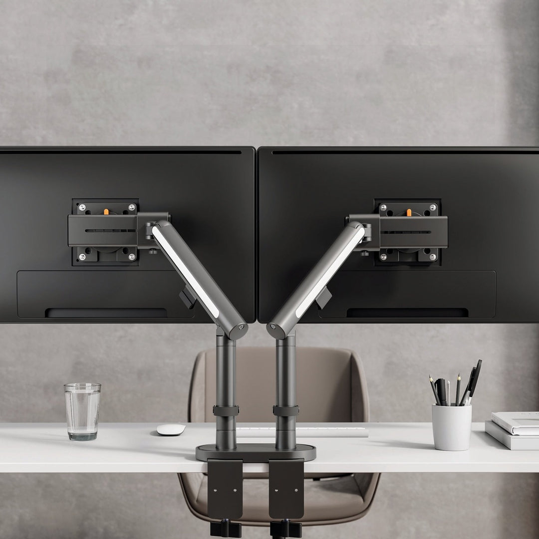 Thinking Works Glider double monitor arm holding two screens side by side on a desk