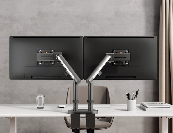 Thinking Works Glider double monitor arm holding two screens side by side on a desk