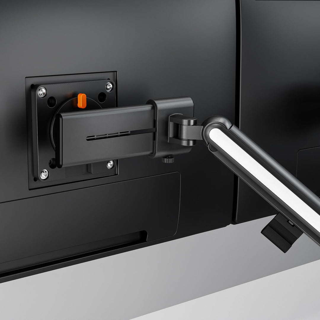Thinking Works Glider double monitor arm, rear view showing the heads and cable management