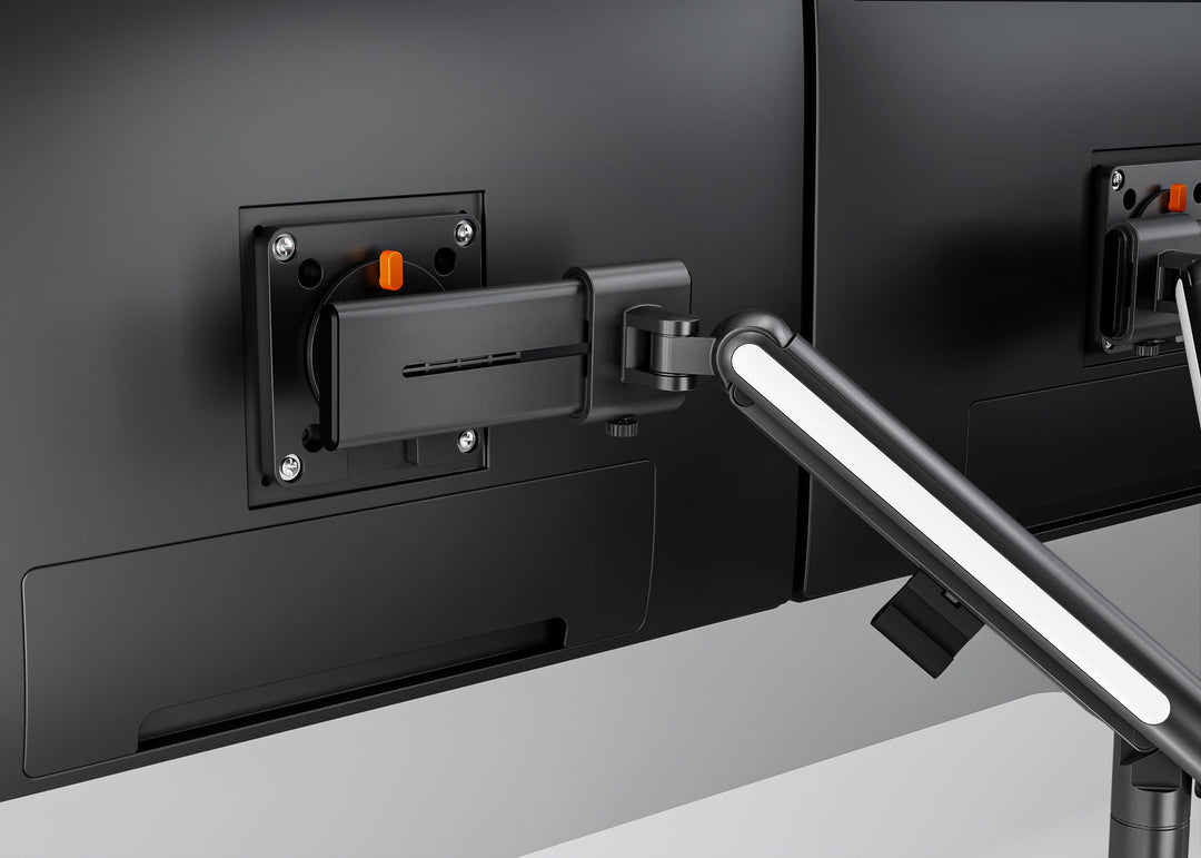 Thinking Works Glider double monitor arm, rear view showing the gliding runner and cable management