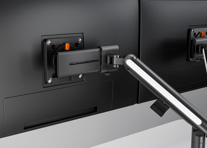 Thinking Works Glider double monitor arm, rear view showing the gliding runner and cable management