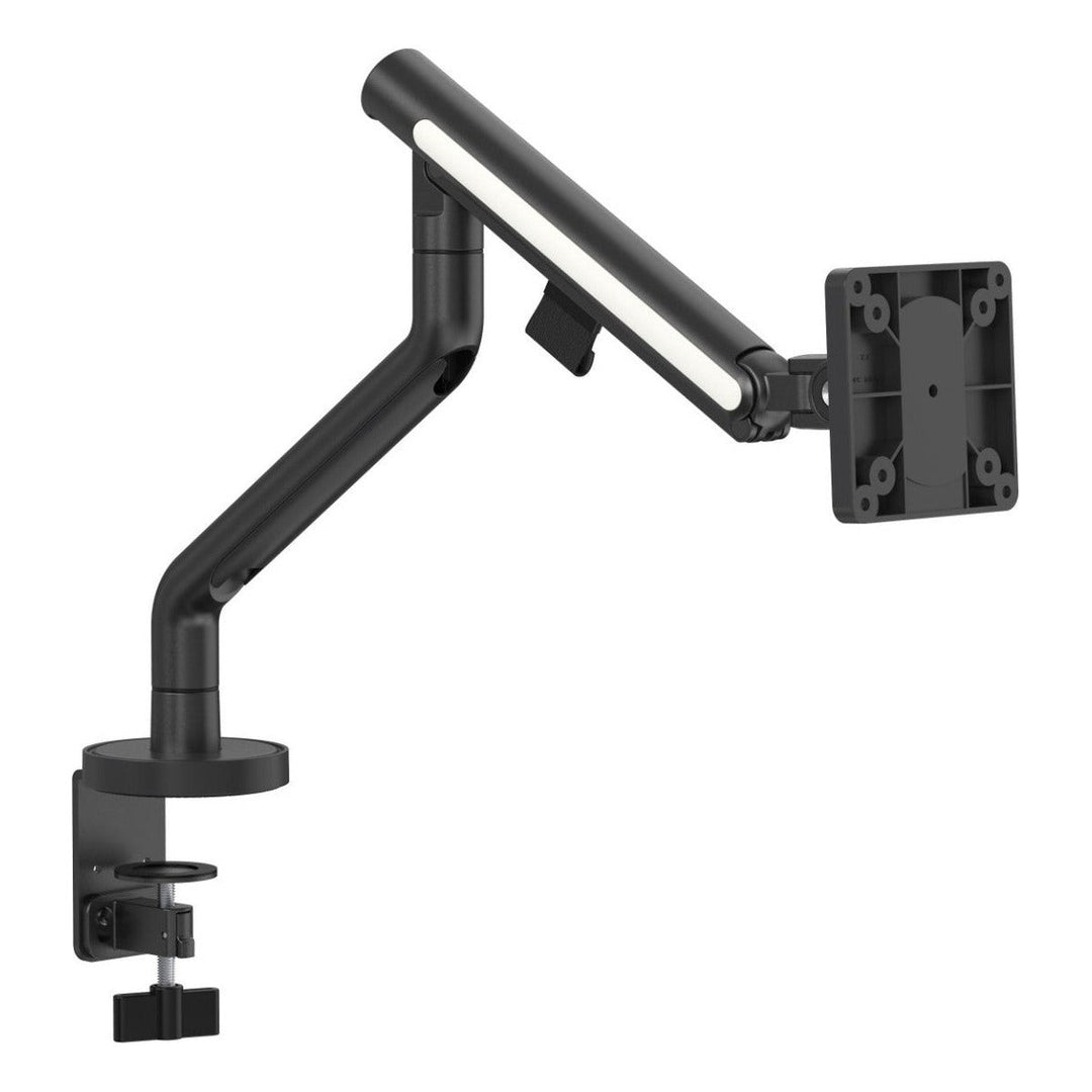 Thinking Works Glider single gas-spring monitor arm in satin black with white trim, desk clamp, white background