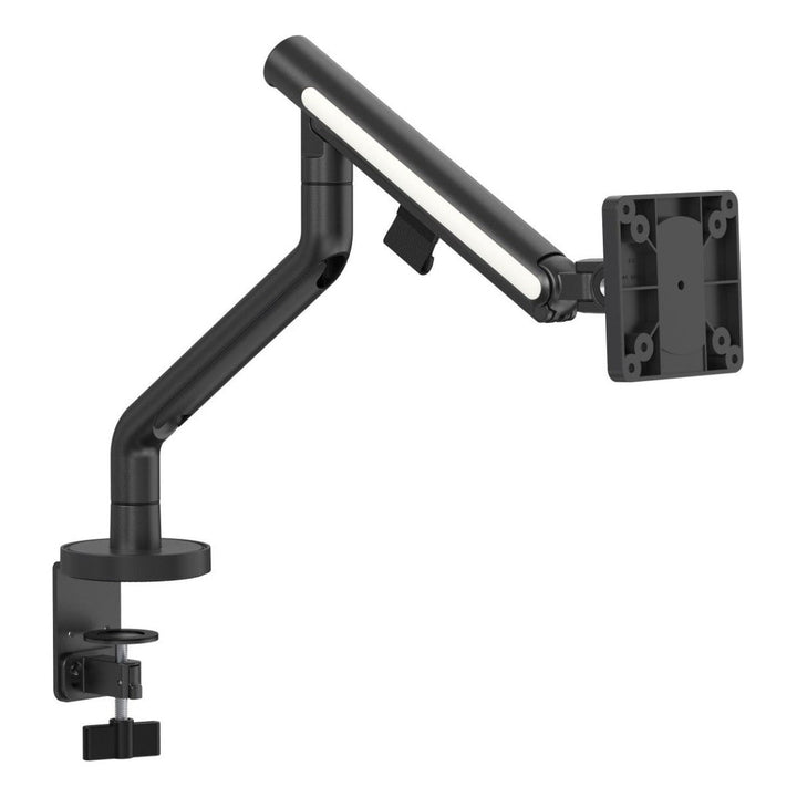 Thinking Works Glider single gas-spring monitor arm in satin black with white trim, desk clamp, white background