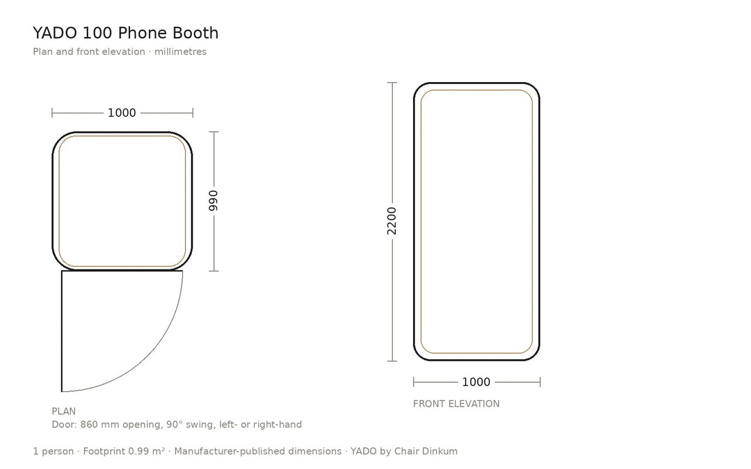 YADO 100 phone booth plan and elevation drawing with dimensions in millimetres - Chair Dinkum Australia