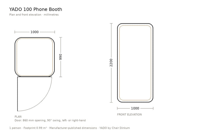 YADO 100 phone booth plan and elevation drawing with dimensions in millimetres - Chair Dinkum Australia