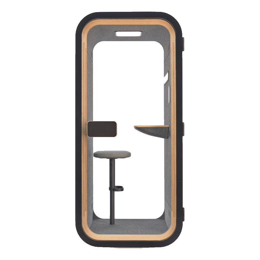 YADO 100 phone booth front view: black glass door with birch plywood frame, stool and desk shelf inside - Chair Dinkum Australia