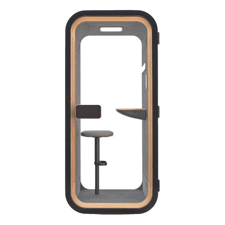 YADO 100 phone booth front view: black glass door with birch plywood frame, stool and desk shelf inside - Chair Dinkum Australia
