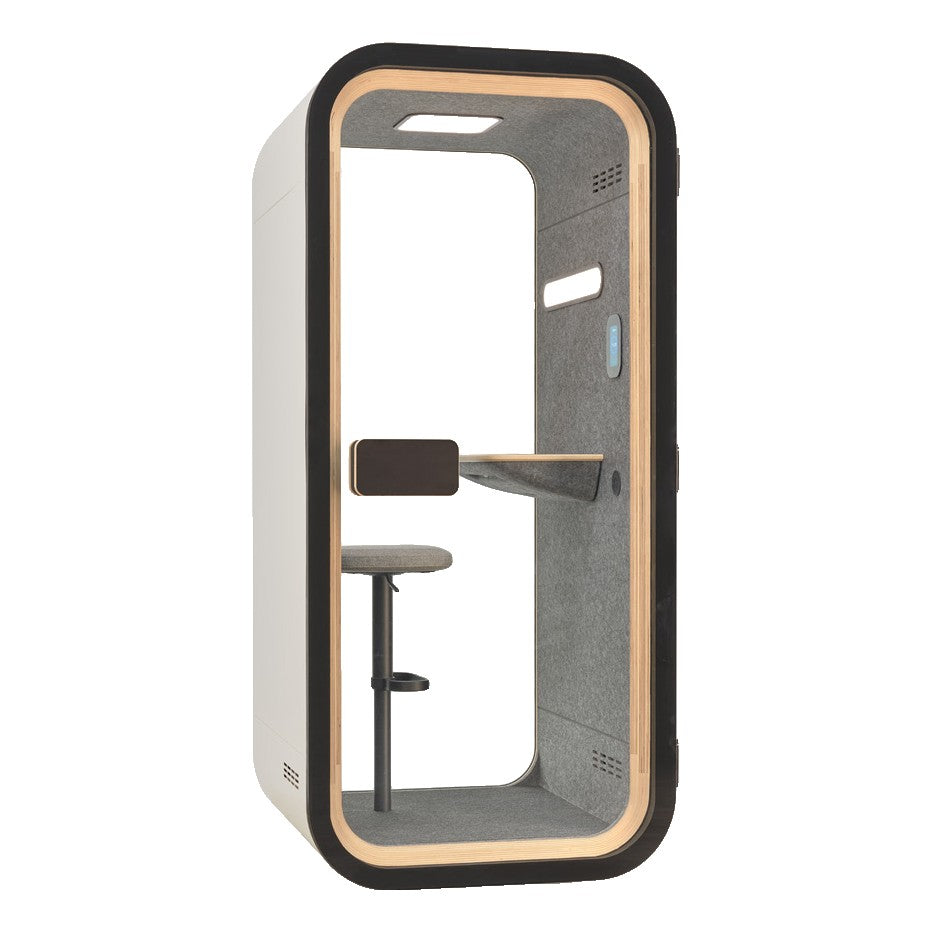 YADO 100 phone booth with white exterior and black glass door, angled view - Chair Dinkum Australia