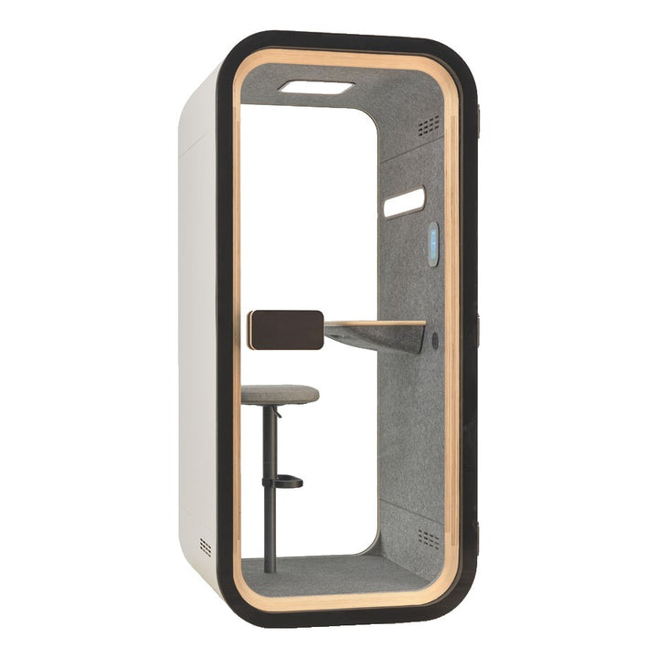 YADO 100 phone booth with white exterior and black glass door, angled view - Chair Dinkum Australia