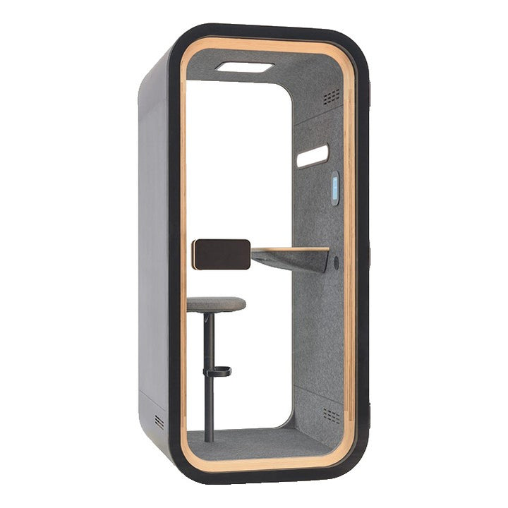 YADO 100 phone booth side view showing the stool, desk shelf and video light - Chair Dinkum Australia