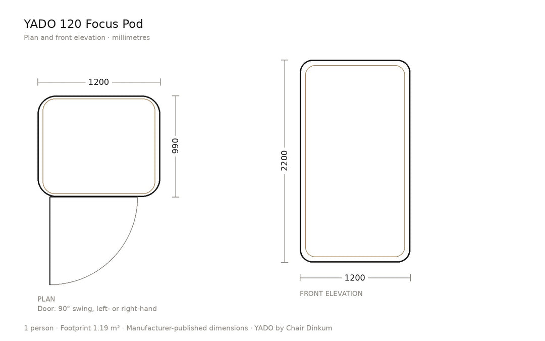 YADO 120 focus pod plan and elevation drawing with dimensions in millimetres - Chair Dinkum Australia
