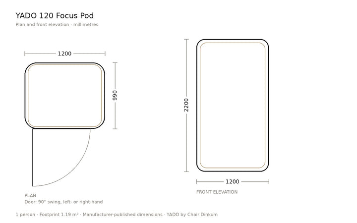 YADO 120 focus pod plan and elevation drawing with dimensions in millimetres - Chair Dinkum Australia