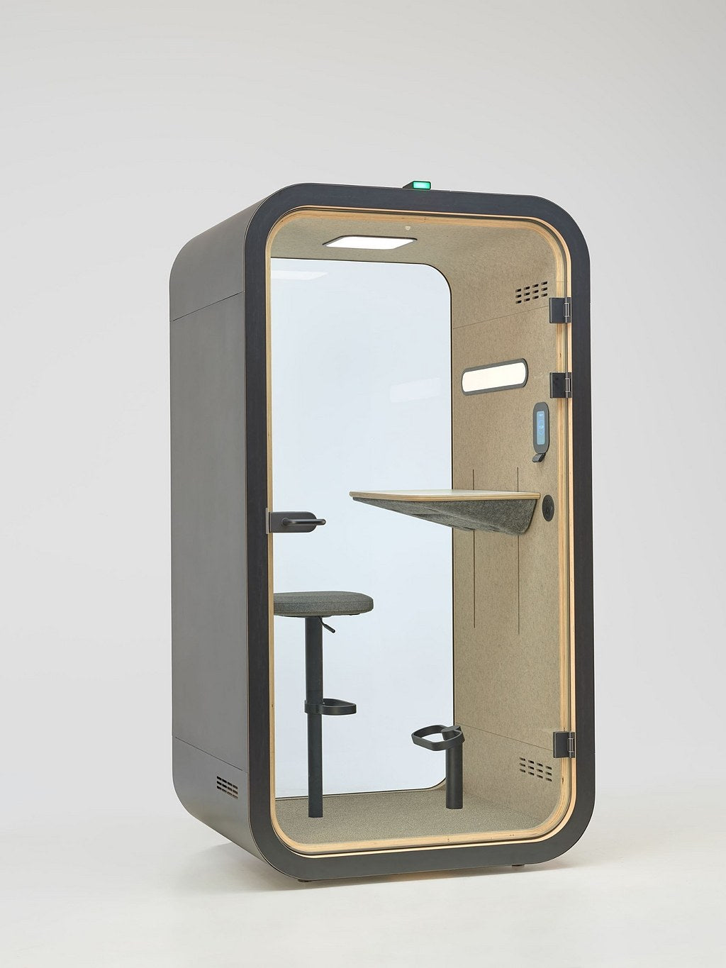 YADO 120 focus pod in a dark finish with birch interior, three-quarter view - Chair Dinkum Australia