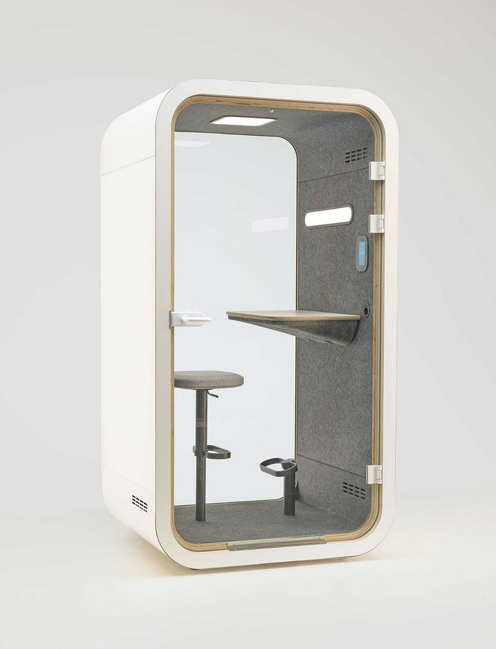 YADO 120 focus pod in white with grey felt interior, three-quarter view - Chair Dinkum Australia