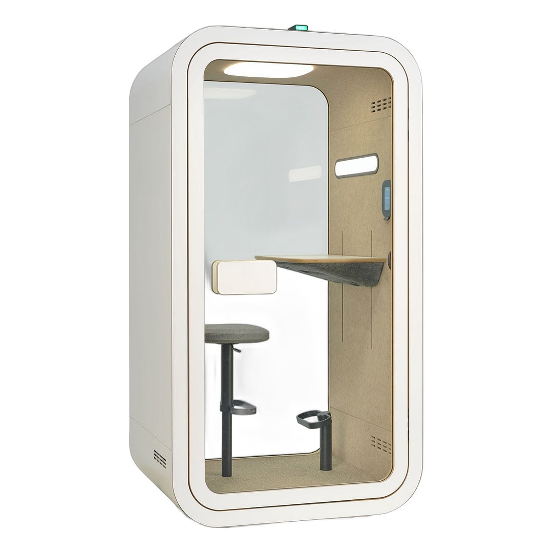 YADO 120 focus pod in white, three-quarter view with desk and seat - Chair Dinkum Australia
