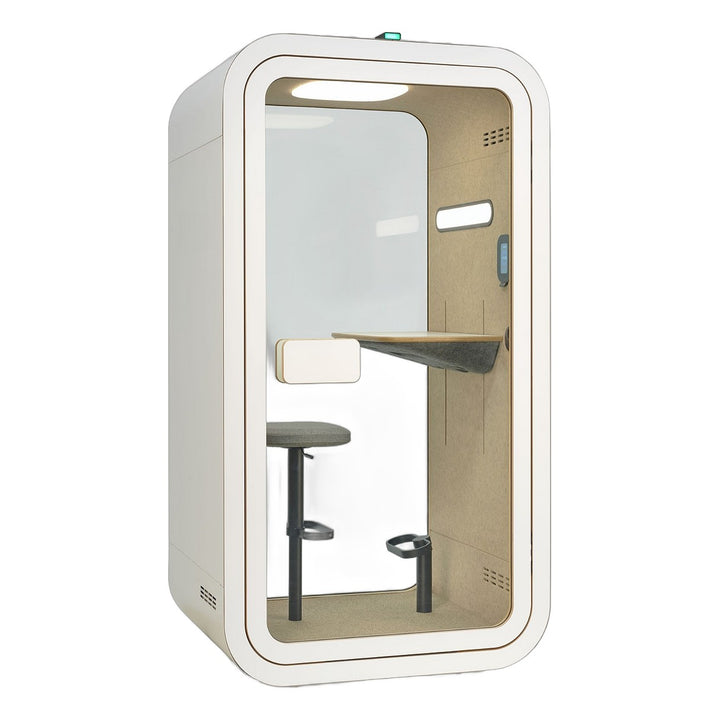 YADO 120 focus pod in white, three-quarter view with desk and seat - Chair Dinkum Australia