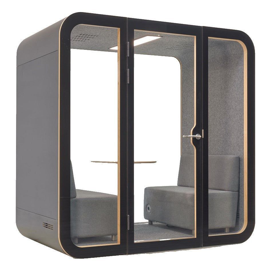 YADO 220 meeting pod with dark exterior and black glass front, angled view - Chair Dinkum Australia