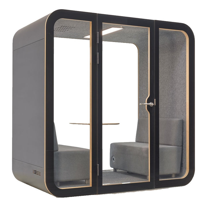 YADO 220 meeting pod with dark exterior and black glass front, angled view - Chair Dinkum Australia