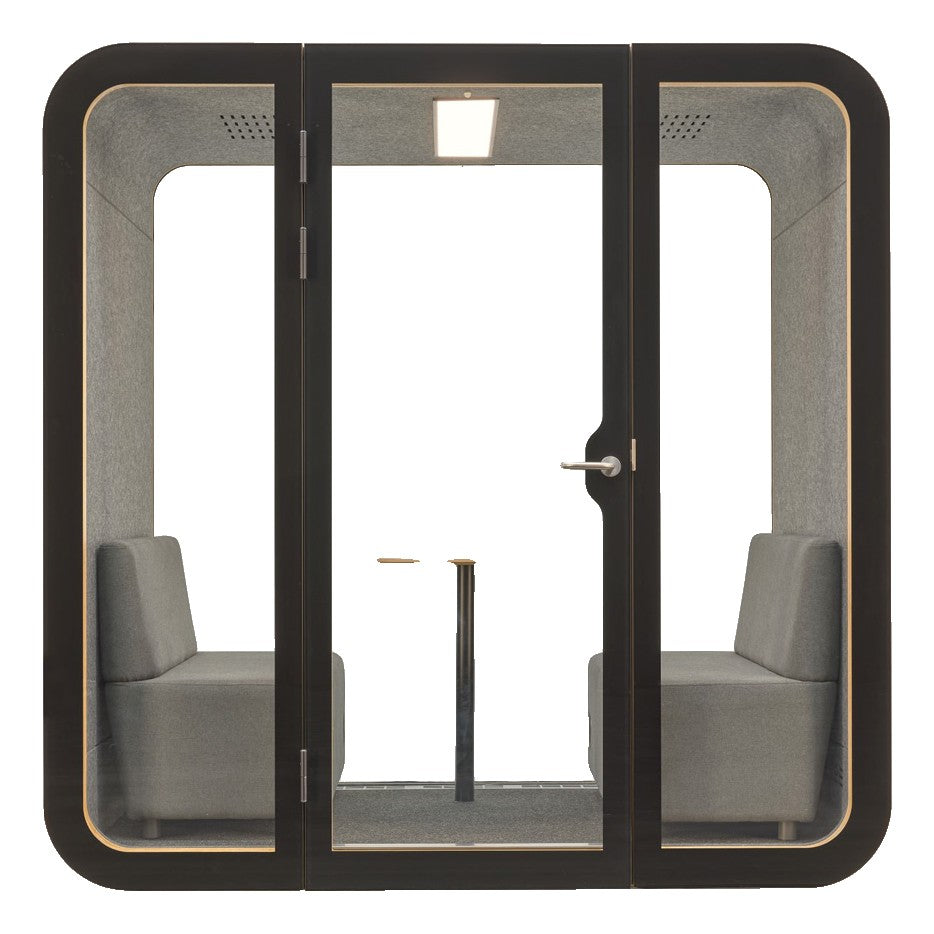 YADO 220 meeting pod front view: black glass front with a centre door, two facing sofas and a table inside - Chair Dinkum Australia