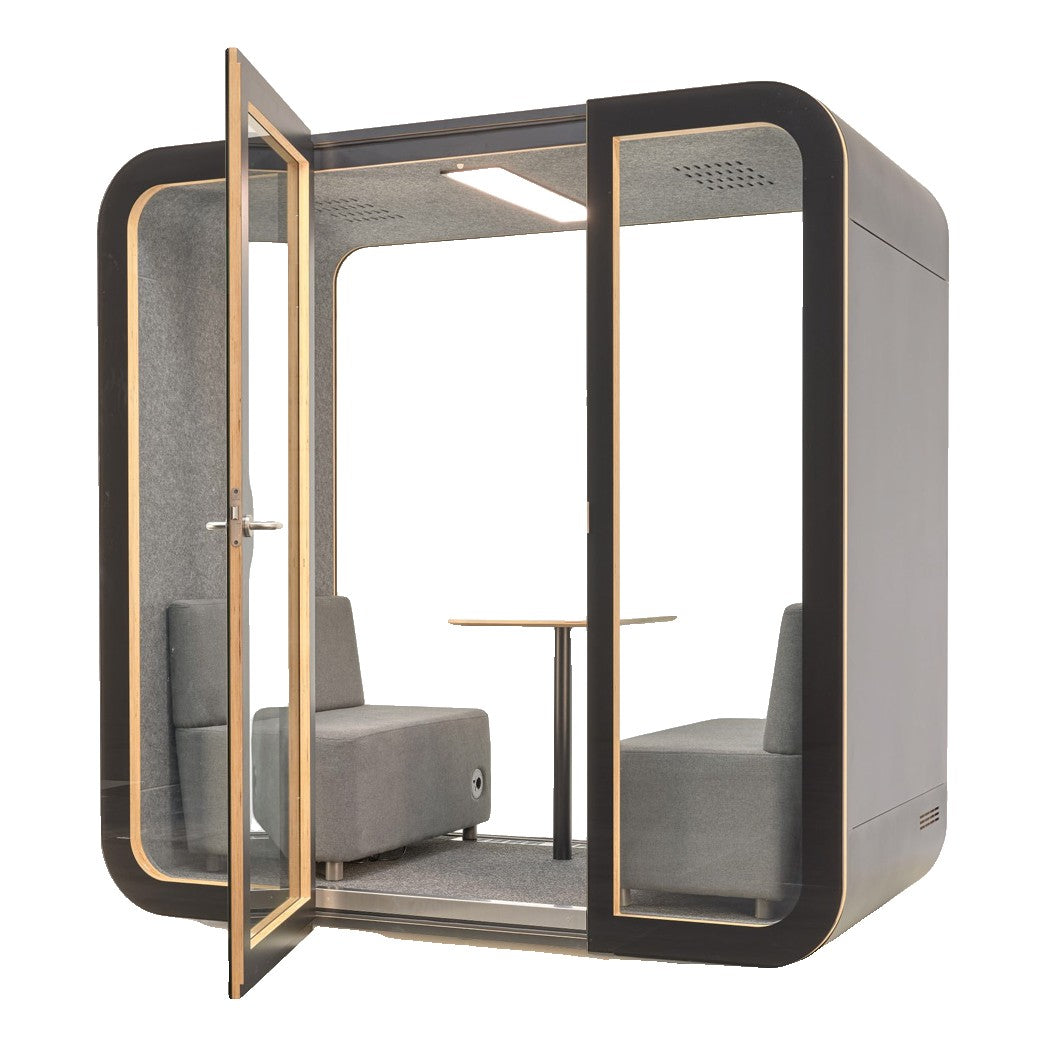 YADO 220 meeting pod with the glass door open, showing two facing sofas and a table - Chair Dinkum Australia